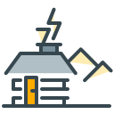 Simple icon of a cabin with smoke and mountains.