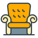 An illustrated yellow armchair with scroll arms.