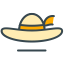 A cartoon sun hat with an orange band and feather.