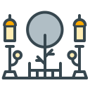 A stylized icon of a tree between two streetlights.
