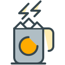 A mug with mountains, lightning bolts, and orange design