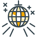 A disco ball icon with light rays and sparkles.