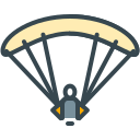 A person parachuting with a yellow parachute.