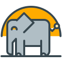 A stylized grey elephant stands against an orange sunset.