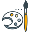 Art palette with brush and paint dots.