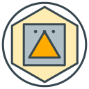 Stylized geometric face in square, hexagon, and circle.