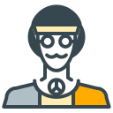 Cartoon person with glasses, mustache, headband, and peace sign.