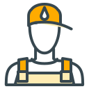An icon of a worker wearing a cap and overalls.