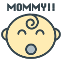 Cartoon baby head with pacifier and 'mommy!!' text.