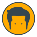 Minimalist dark-haired head with eyes in an orange circle.