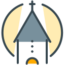 A stylized church icon with a cross and yellow halo.