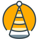 Stilisiertes konisches Turmsymbol mit gelbem Kreis.