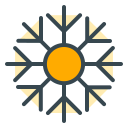 Ein stilisiertes Schneeflocken-Symbol mit gelbem Zentrum und Akzenten.