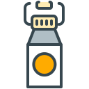 Eine stilisierte Flasche mit Drehverschluss und orangefarbenem Etikett.