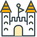 Eine Zeichentrickburg-Ikone mit zwei Türmen und einer Flagge