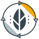 Stylized leaf icon surrounded by a circular arrow representing sustainability.