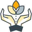 Cupped hands holding a stylized orange and gray flower