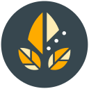 Stylized orange and yellow plant icon in dark circle