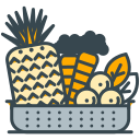 A basket filled with pineapple, carrots, and other fresh produce