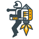 A person wearing a jetpack flying upwards.