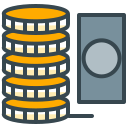 A stack of gold coins next to a grey banknote