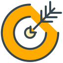 Stylized target with an arrow striking the bullseye.