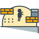 Stick figure on platform with brick walls.