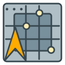 A grid with yellow points and an orange navigation arrow.