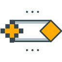 Pixelated cross and diamond connected by a bar with dots.