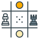 A grid board with chess pieces and circular tokens
