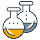 Two round-bottom flasks with orange and grey liquids.