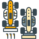 Two stylized race cars, one moving, one stationary.