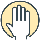 Stylized hand with four fingers in a yellow circle.