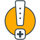 Cercle orange avec un point d’exclamation blanc et un signe plus.