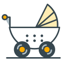 Un carrito de bebé con dosel amarillo y ruedas naranjas.