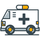 A cartoon ambulance with a medical cross and siren.