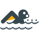 Stylized swimmer in water with a yellow arm.