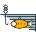 Ein oranger Fisch hängt an einem Angelhaken.