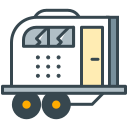 Stylized white trailer with windows and a door.