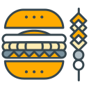 Burger kartun dan tusuk sate dengan makanan.