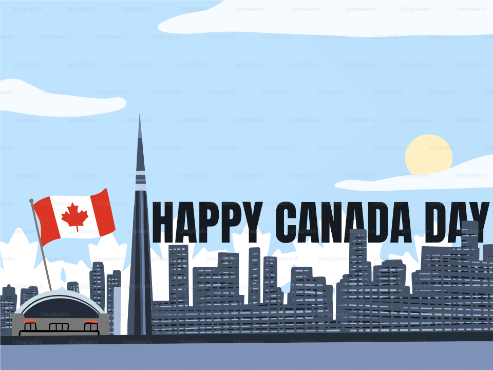Buon Canada Day con lo skyline di Toronto e la bandiera canadese.