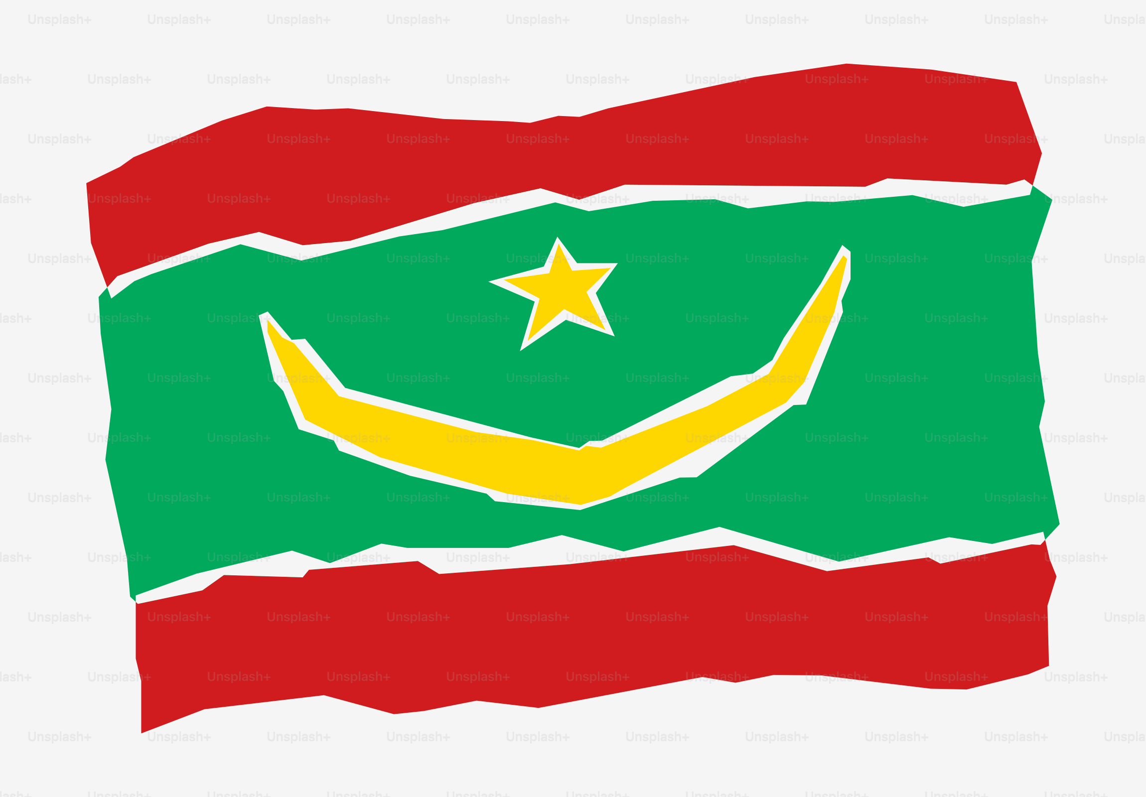 Bendera Mauritania dengan garis-garis hijau, merah, bintang kuning, dan bulan sabit.
