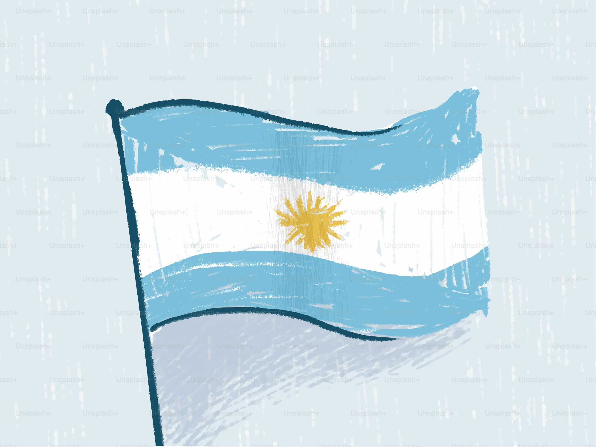 Una bandiera argentina disegnata a mano che sventola su uno sfondo azzurro chiaro.
