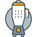 A stylized kitchen blender with an orange lid and base.