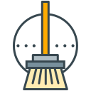 A cartoon broom with an orange handle and yellow bristles.