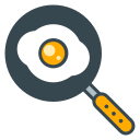 A fried egg cooking in a black frying pan.