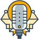 A stylized microphone with yellow accents and geometric shapes.