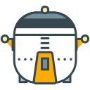 A stylized white robot with grey and orange details.