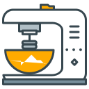 A cartoon stand mixer with an orange bowl and beater.