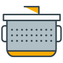 Grey colander with a lid, handles, and orange base.